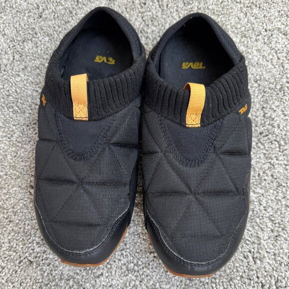 TEVA ReEmber Slip-on - Sz Women 8 - Black uppers, Tan sole, White trim, Gold tab - Picture 1 of 5